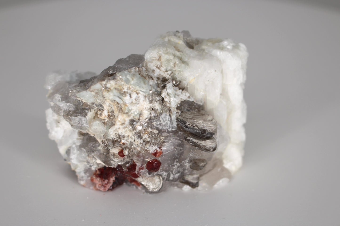 Spessartine Garnets on Quartz w/ Mica, Feldspar and Schorl