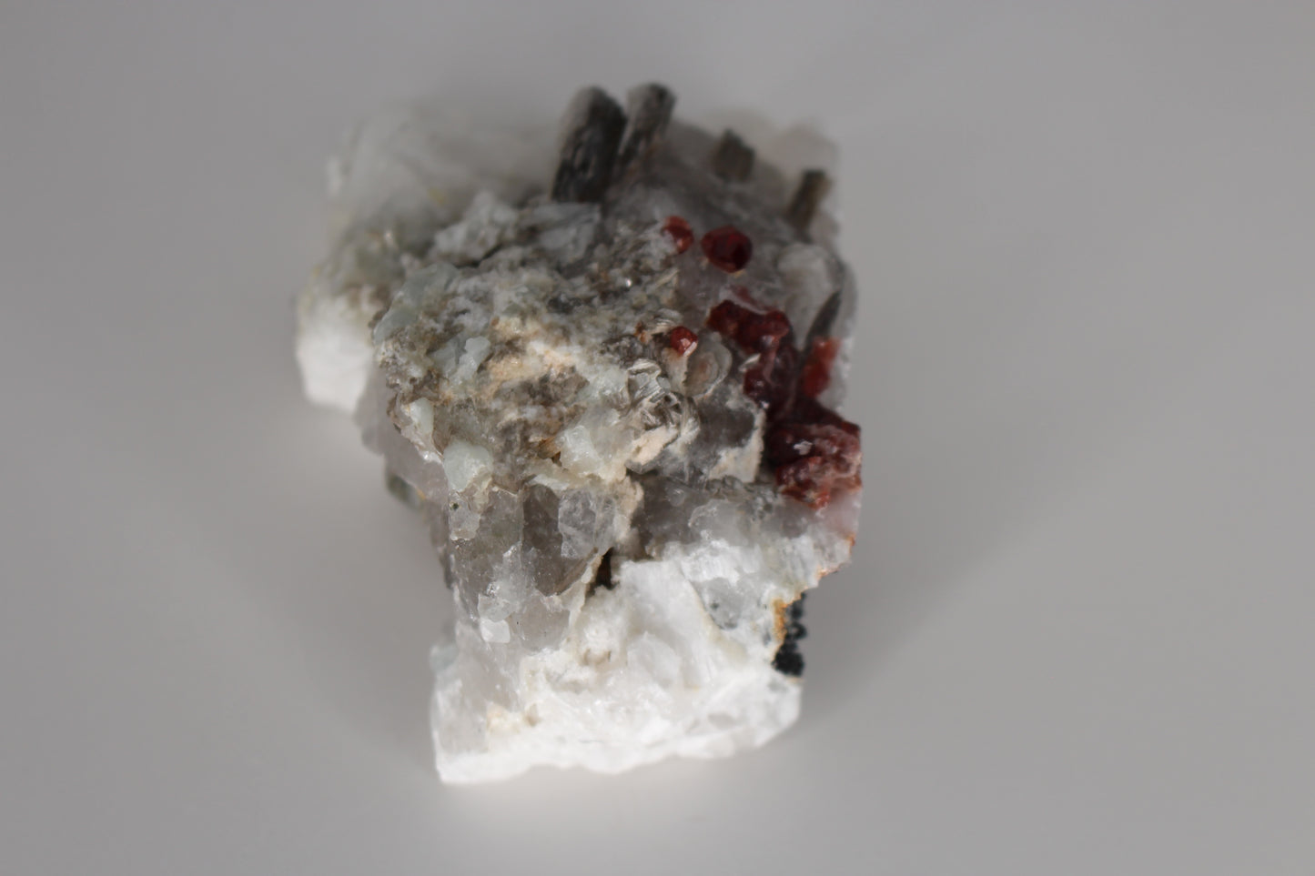 Spessartine Garnets on Quartz w/ Mica, Feldspar and Schorl