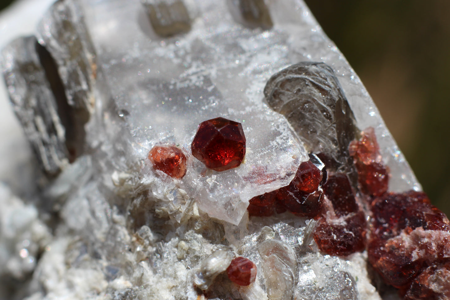 Spessartine Garnets on Quartz w/ Mica, Feldspar and Schorl