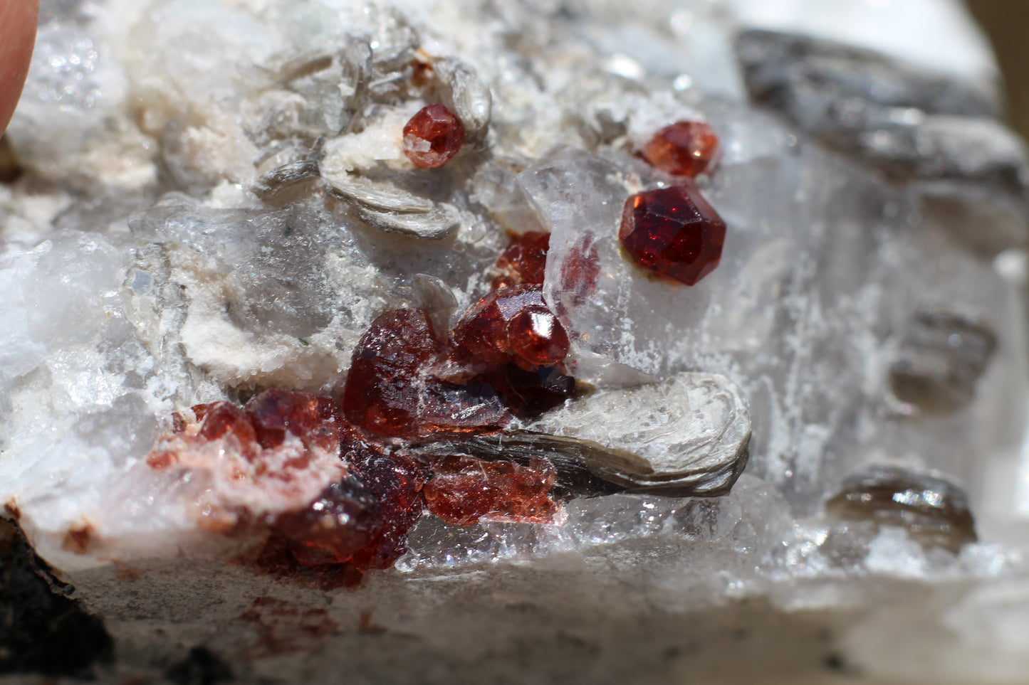 Spessartine Garnets on Quartz w/ Mica, Feldspar and Schorl