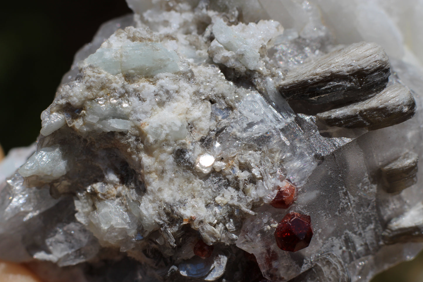 Spessartine Garnets on Quartz w/ Mica, Feldspar and Schorl