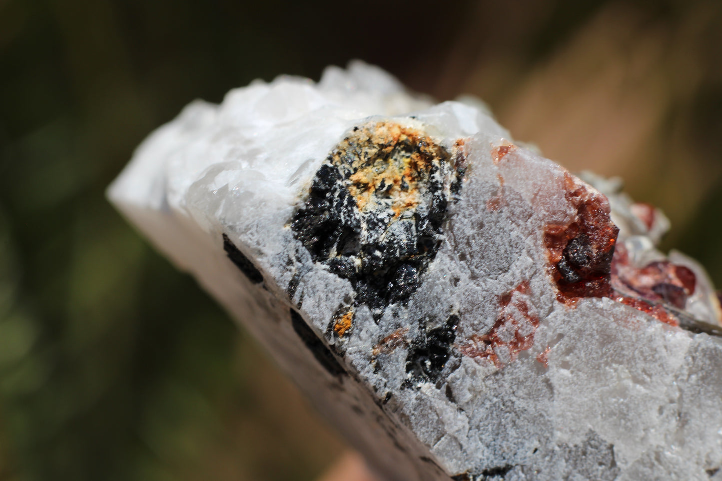 Spessartine Garnets on Quartz w/ Mica, Feldspar and Schorl