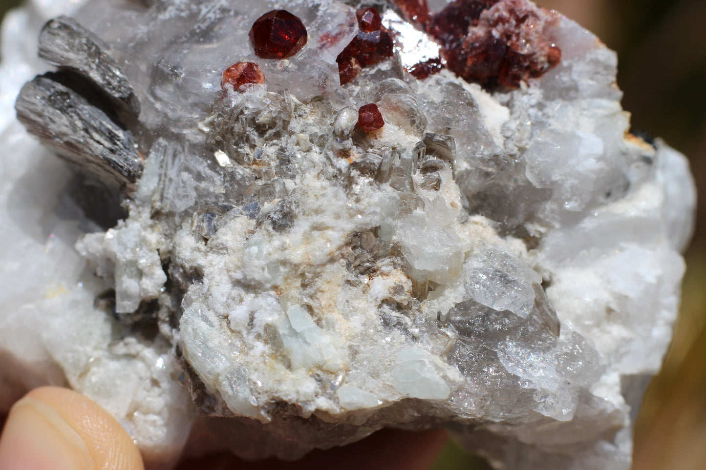 Spessartine Garnets on Quartz w/ Mica, Feldspar and Schorl