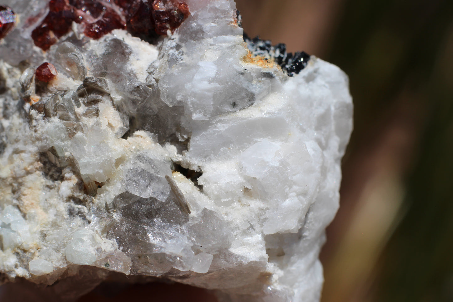 Spessartine Garnets on Quartz w/ Mica, Feldspar and Schorl