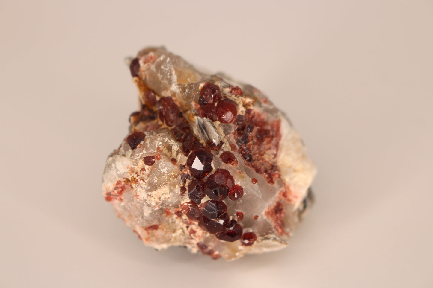 Spessartine Garnets on Quartz w/ Mica, Feldspar and Schorl