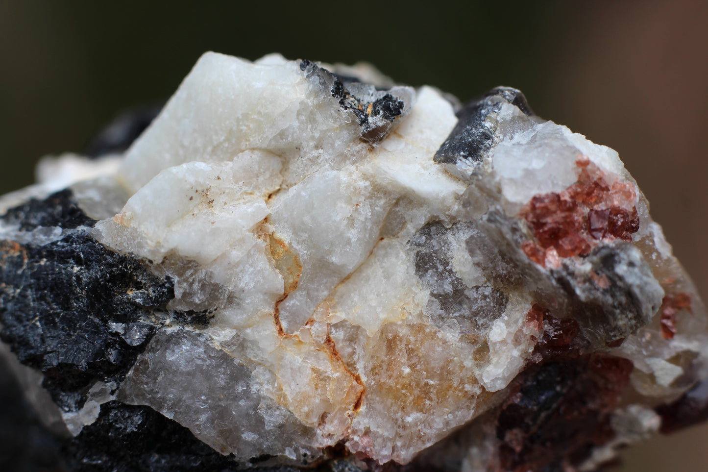 Spessartine Garnets on Quartz w/ Mica, Feldspar and Schorl