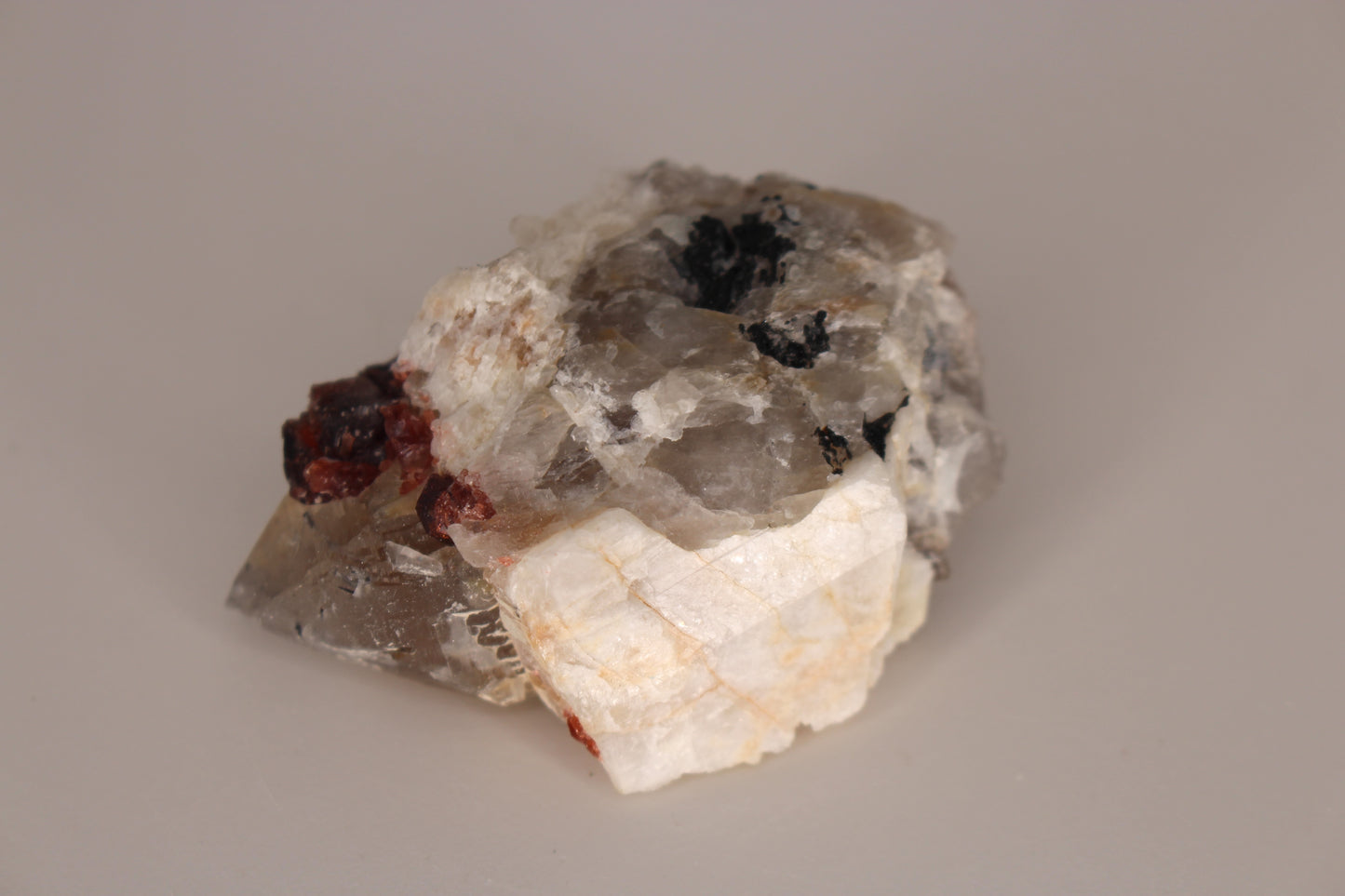 Spessartine Garnets on Quartz w/ Mica, Feldspar and Schorl