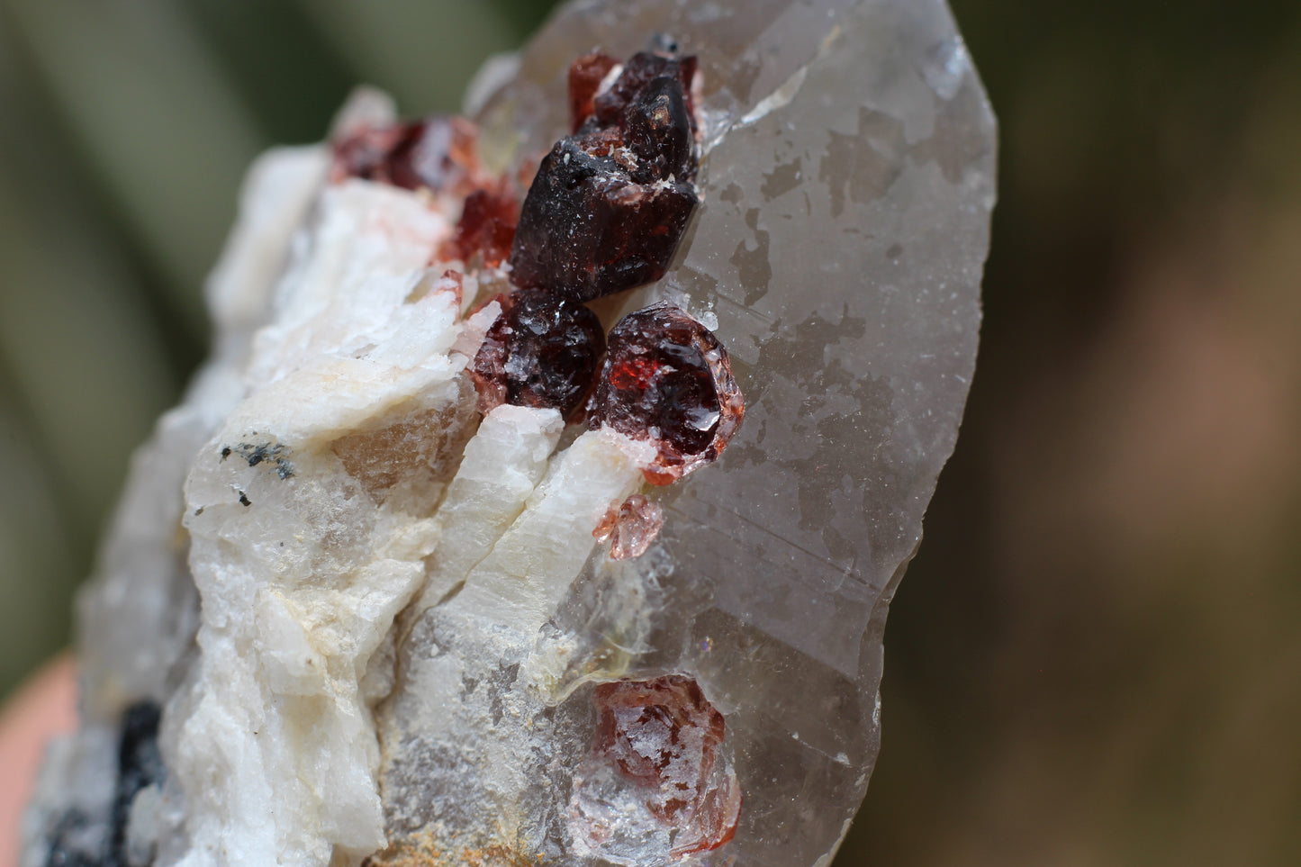 Spessartine Garnets on Quartz w/ Mica, Feldspar and Schorl