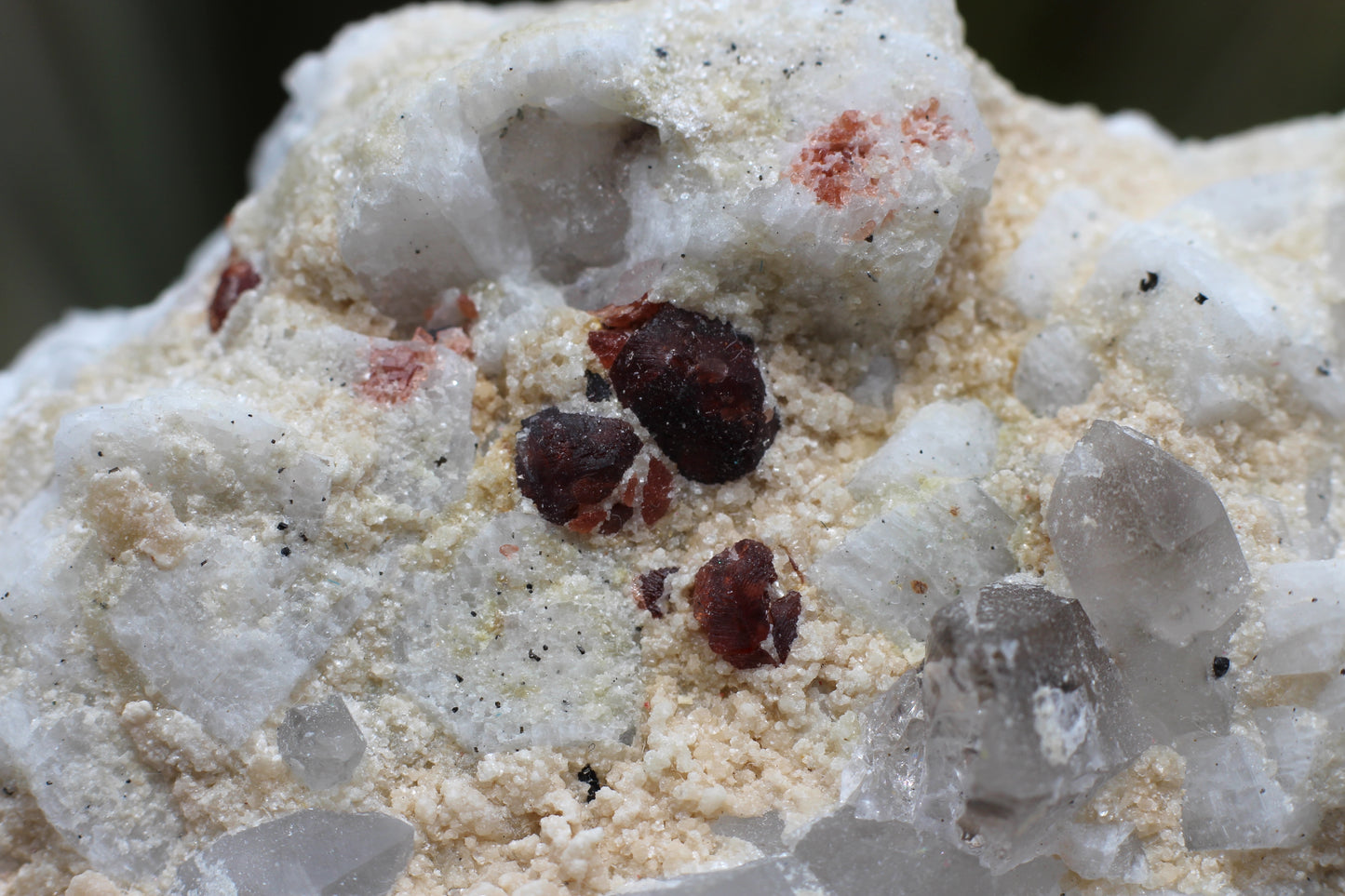 Etched Spessartine Garnets on Quartz w/ Schorl