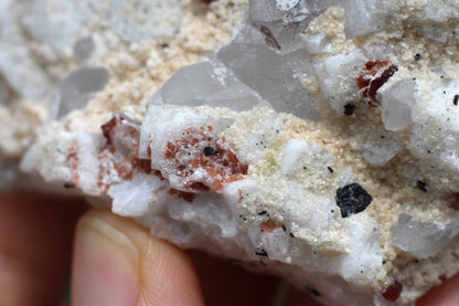 Etched Spessartine Garnets on Quartz w/ Schorl