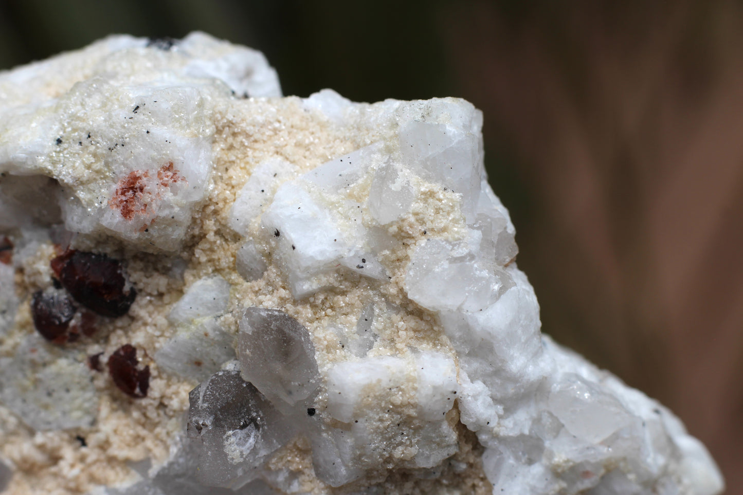 Etched Spessartine Garnets on Quartz w/ Schorl