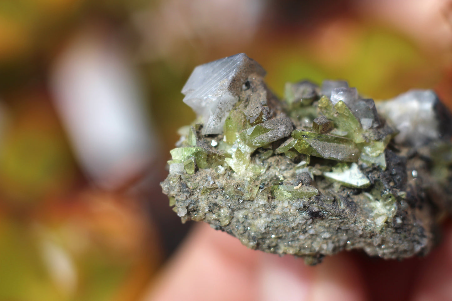 Green Sphene w/ Clear Calcite