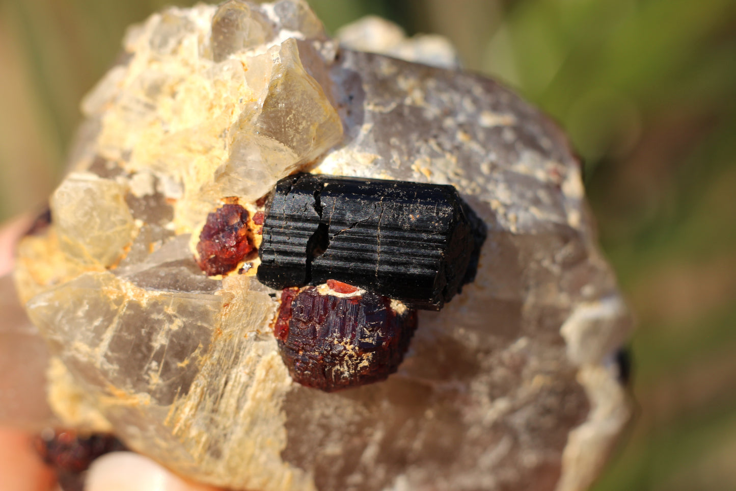 Etched Spessartine Garnet on Quartz w/ Schorl