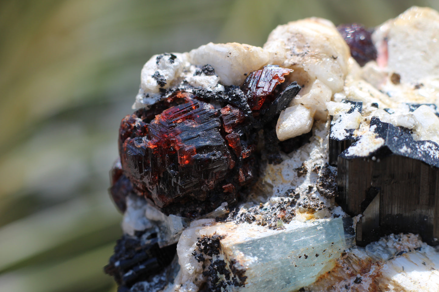 Etched Spessartine Garnet, Aquamarine and Schorl on Feldspar