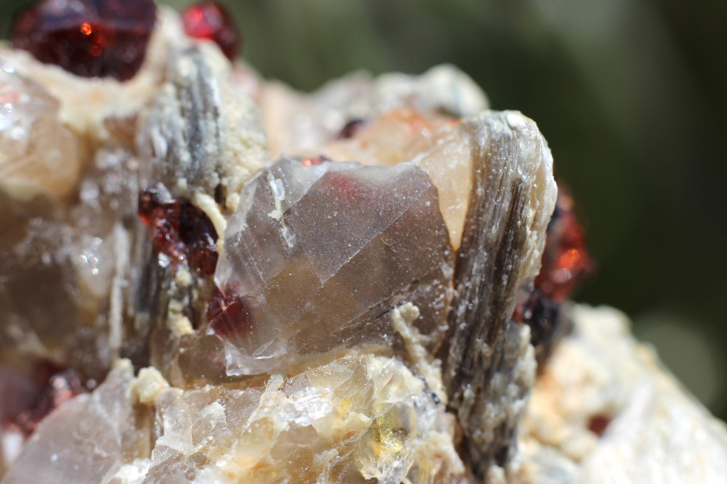 Spessartine Garnets on Quartz w/ Mica, Feldspar and Schorl