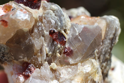 Spessartine Garnets on Quartz w/ Mica, Feldspar and Schorl