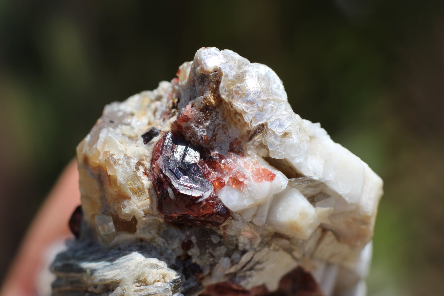 Spessartine Garnets on Quartz w/ Mica, Feldspar and Schorl