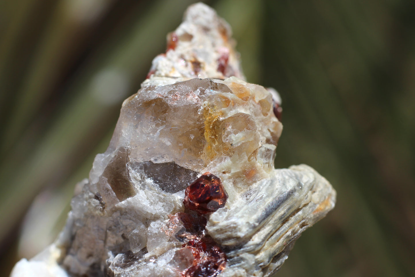 Spessartine Garnets on Quartz w/ Mica, Feldspar and Schorl